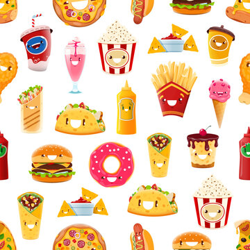 Cartoon fast food characters seamless pattern. Takeaway meals vector background with soda, icecream, popcorn and pizza, french fries, mexican burrito, shawarma and hamburger, mustard funny personages