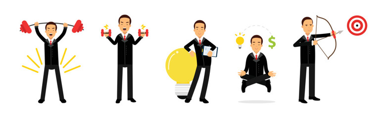 Businessman Character in Formal Suit Having Success and Progress Vector Set