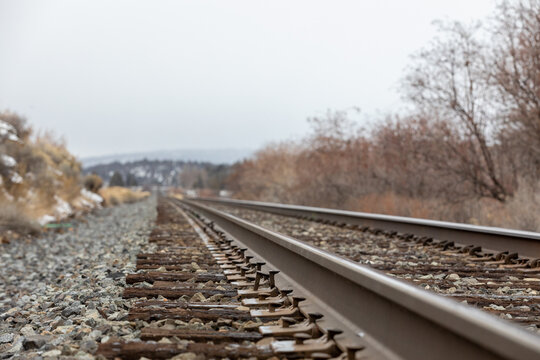 Closeup railroad tracks in the winter