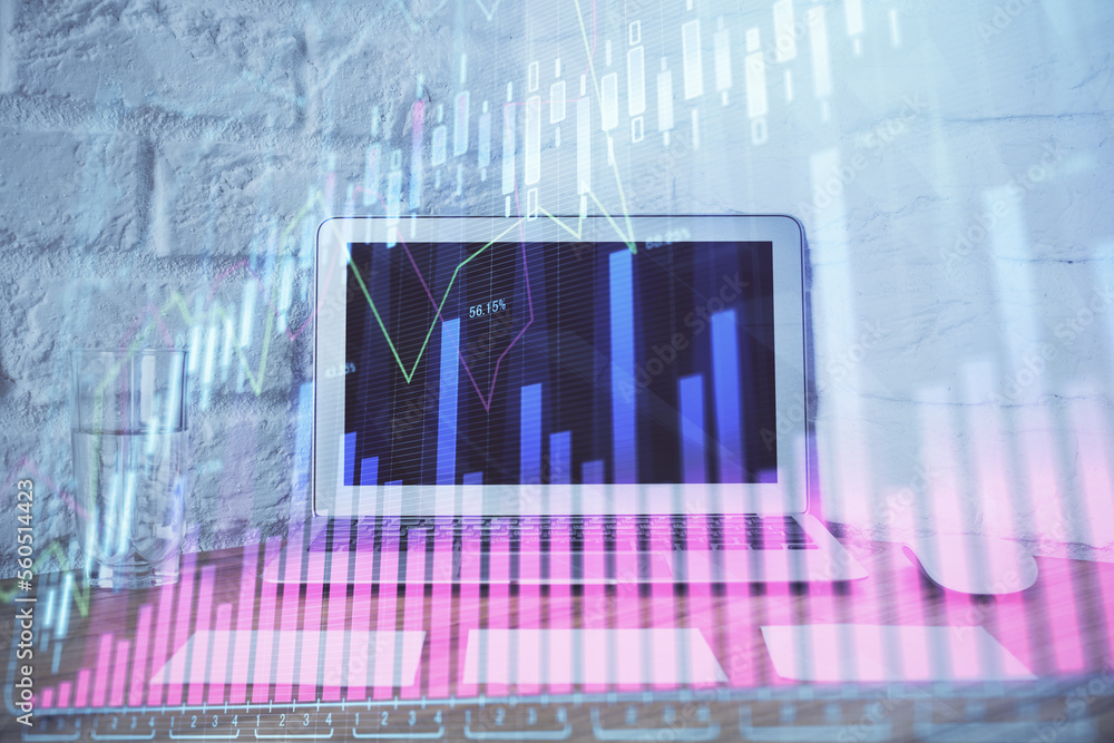 Aufkleber Financial chart drawing and table with computer on background. Multi exposure. Concept of international markets.
