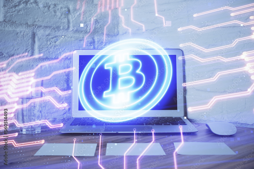 Aufkleber Multi exposure of blockchain and crypto economy theme hologram and table with computer background. Concept of bitcoin cryptocurrency.