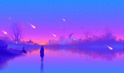 landscape with a lake under the beautiful night sky a girl standing in winter