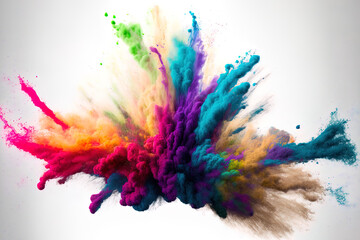 eruption of colored powder against a white background. Bright dust explodes. Color Holi. Generative AI