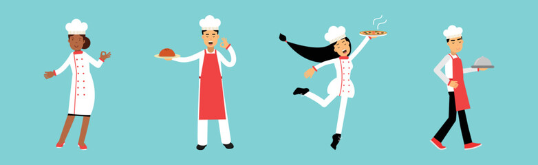 Man and Woman Professional Chefs Cooking Dish and Working In Restaurant Vector Set