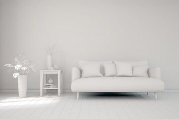 Mock up of stylish room in white color with sofa. Scandinavian interior design. 3D illustration