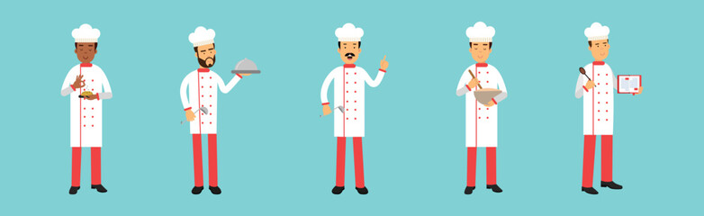 Man Professional Chefs Cooking Dish and Working In Restaurant Vector Set