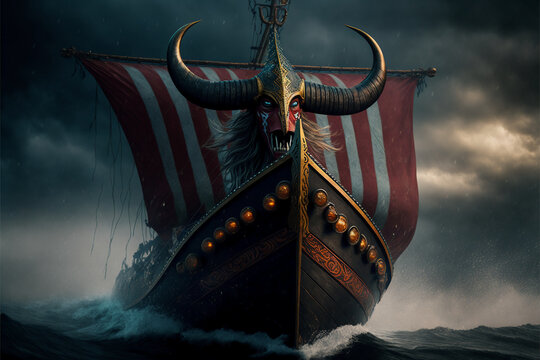 Viking Drakkar sails to war. AI generation