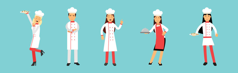 Man and Woman Professional Chefs Cooking Dish and Working In Restaurant Vector Set