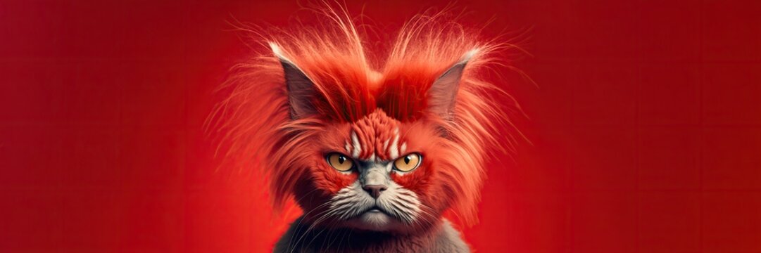 Angry, disgruntled cat with a red shaggy hairstyle, created with Generative AI technology. Copy space. Pet grooming concept.