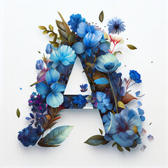 Letter A in Delicate Blue Florals. Generative ai