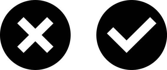 Yes and No or Right and Wrong or Approved and Declined Icons with Check Mark and X Signs with Shadow in Circles. Vector Image.	
