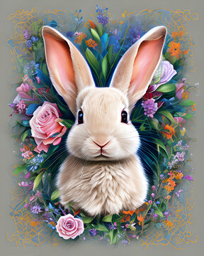 adorable easter bunny with flowers. Illustration. Generative ai.