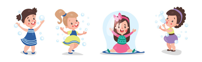 Cute Little Girl Playing and Blowing Soap Bubbles Vector Set