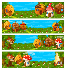 Obraz na płótnie Canvas Game level landscape cartoon fairy houses and dwellings. Game level environment vector backgrounds with fairy creature hive, mushroom and snail shell dwellings, hobbit forest house or huts