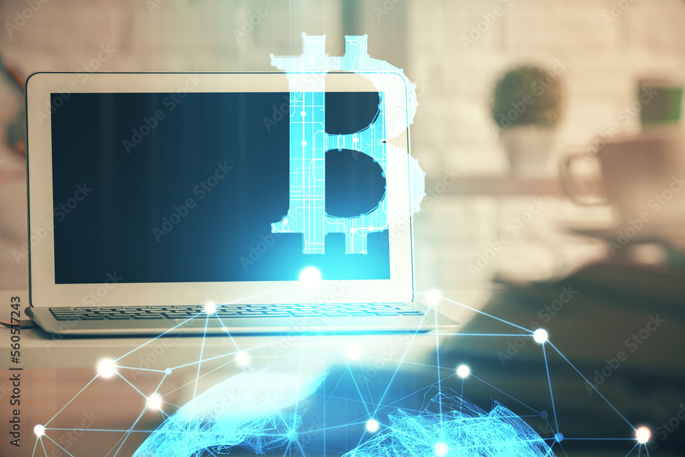 Aufkleber Multi exposure of blockchain and crypto economy theme hologram and table with computer background. Concept of bitcoin cryptocurrency.