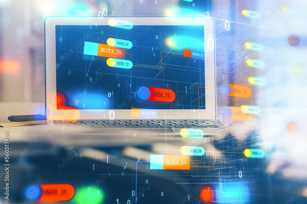 Aufkleber Multi exposure of desktop computer and technology theme hologram. Concept of software development.