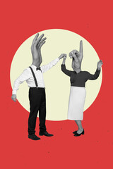 Banner poster collage of bizarre married couple with hand gesture face dance pin up discotheque on painting background
