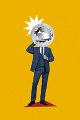 Advert collage banner of crazy dancer person professional manager with glitter disco ball nightlife...