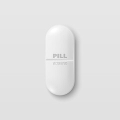 Vector 3d Realistic White Oval Horizontal Pharmaceutical Medical Pill, Capsule, Tablet Icon Closeup Isolated on White Background. Top View. Medical Concept