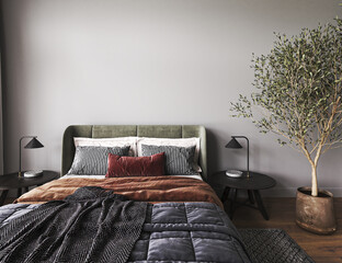 Dark gray bedroom interior mockup with bright color orange, red, green. Bed on empty dark wall background. Scandinavian modern style. 3d render. High quality 3d illustration