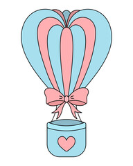 Balloon. The flying balloon in the shape of a heart is decorated with a pink bow and a heart. Color vector illustration. The basket is attached to the ball with cables. Isolated background. Cartoon st