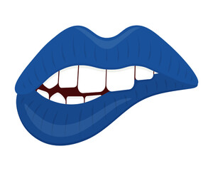 Bite your lip. Blue lipstick on lips. Her teeth bit her bottom lip. Seductive mouth. Color vector illustration. Flat style. Sensual bite. Isolated background. Idea for web design, invitations