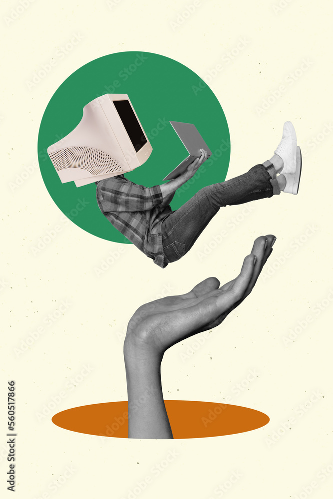 Poster poster ads collage of weird strange marketer with monitor face obsessed gadget fall down had use net