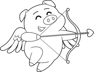 Outlined Cute Pig Cupid Cartoon Character With Bow And Arrow Flying. Vector Hand Drawn Illustration Isolated On Transparent Background