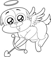 Outlined Cute Dog Cupid Cartoon Character With Bow And Arrow Flying. Vector Hand Drawn Illustration Isolated On Transparent Background