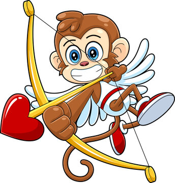 Funny Monkey Cupid Cartoon Character With Bow And Arrow Flying. Vector Hand Drawn Illustration Isolated On Transparent Background