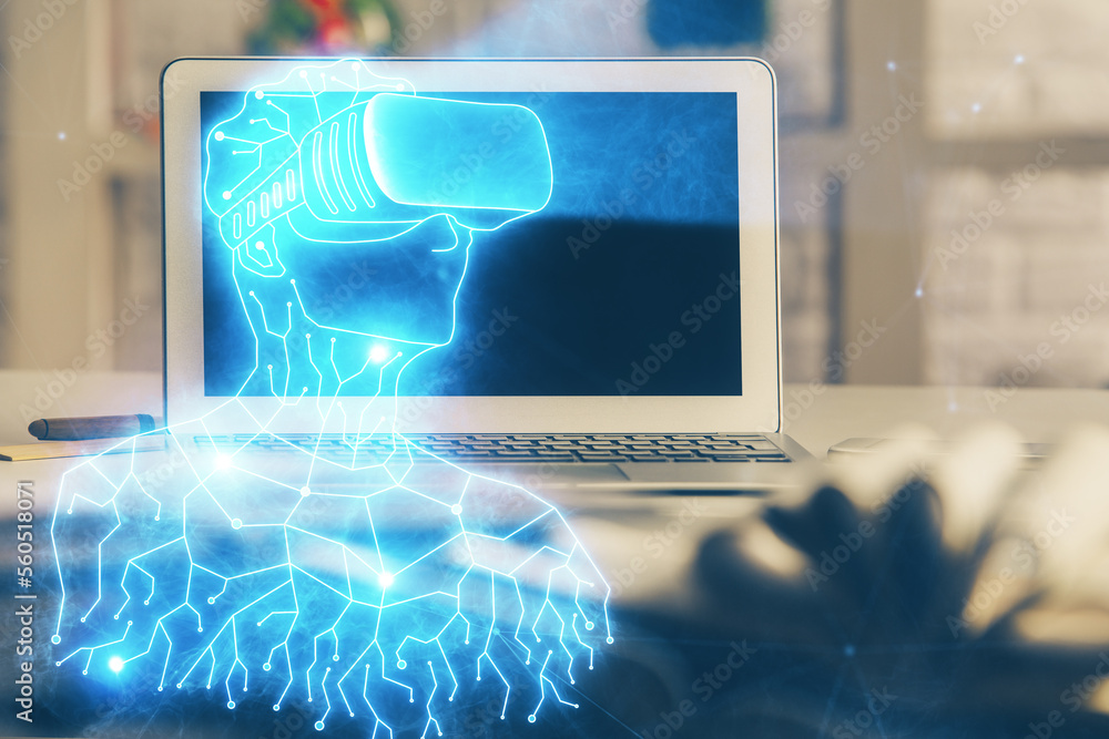 Poster computer on desktop with ar theme icon. multi exposure. concept of augmented reality.