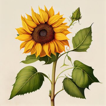 retro hand drawn style illustration of an isolated sunflower - helianthus annus l. on bright background, generative ai