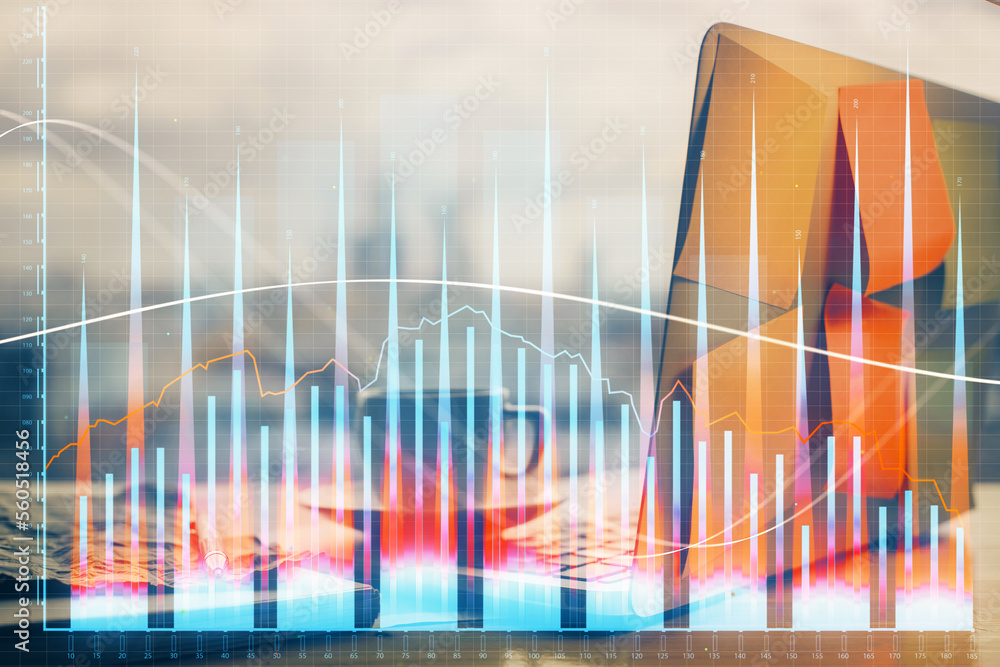 Poster financial chart drawing and table with computer on background. multi exposure. concept of internatio