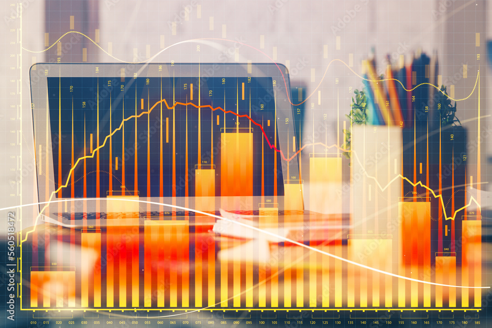 Poster Financial chart drawing and table with computer on background. Multi exposure. Concept of international markets.