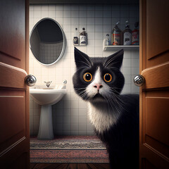 surprised, scared cat, in the bathroom, fantasy, ai