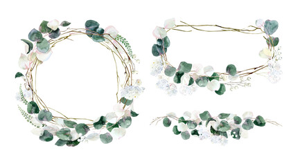 Watercolor bouquets and wreaths of eucalyptus leaves and branches. Eucalyptus leaves. Exotic wreaths. Golden noble eucalyptus. For wedding decoration, cards, scrapbooking