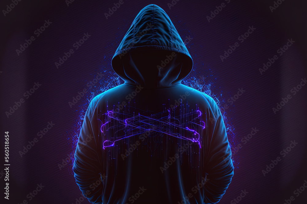 Poster back view of hacker in hoodie. dangerous hooded hacker. internet, cyber crime, cyber attack, system 