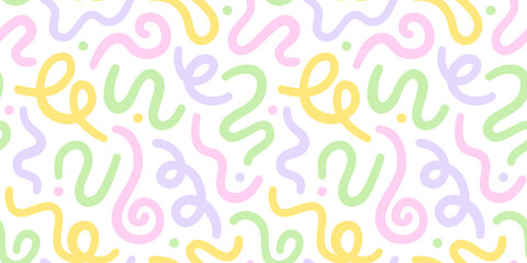 Fun colorful line doodle seamless pattern. Creative abstract squiggle style drawing background for children or trendy design with basic shapes. Simple childish color scribble wallpaper print.