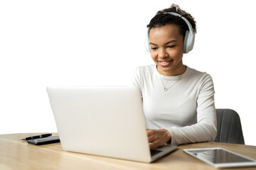 A female student with headphones is typing a message on a laptop on a transparent background.