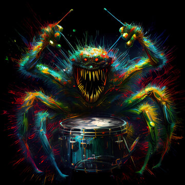 Emotional spider monster playing drum. Generative AI.
