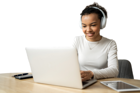 A female student with headphones is typing a message on a laptop on a transparent background.