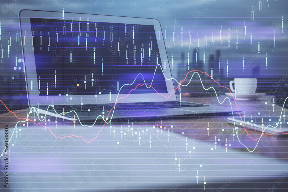 Aufkleber Financial chart drawing and table with computer on background. Multi exposure. Concept of international markets.