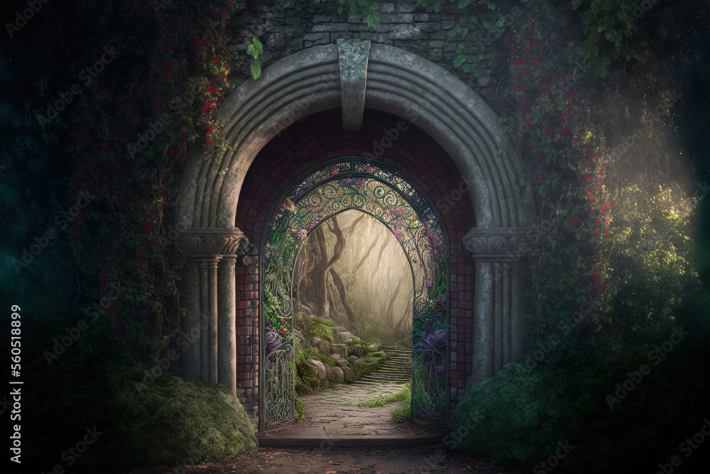 Poster background image of an archway in an enchanted fairy garden. generative ai
