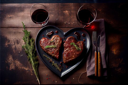 Romantic Heart-Shaped Beef Steaks with Spices and a Bottle of Red Wine- Generative AI
