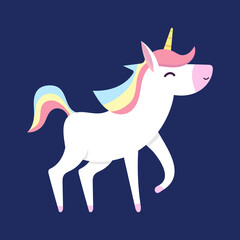 Unicorn. illustration of cute cartoon white Unicorn with pink mane. Isolated on dark blue background.