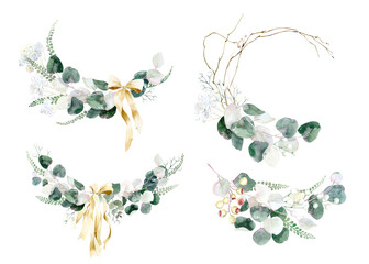 Watercolor bouquets and wreaths of eucalyptus leaves and branches. Eucalyptus leaves. Exotic wreaths. Golden noble eucalyptus. For wedding decoration, cards, scrapbooking