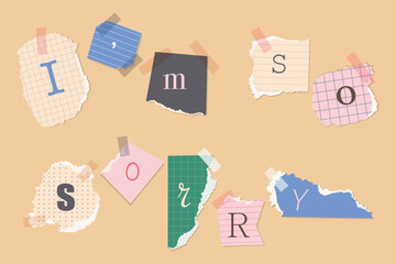 Collage cartoon inscription I am so sorry from pieces of paper with tape.