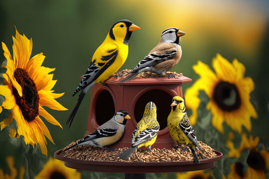 Group of little birds perching on a bird feeder with sunflower seeds. Generative AI
