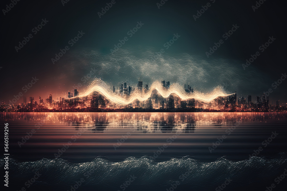Poster digital wave with a fuzzy nighttime city backdrop. science and technology notion two exposures. gene
