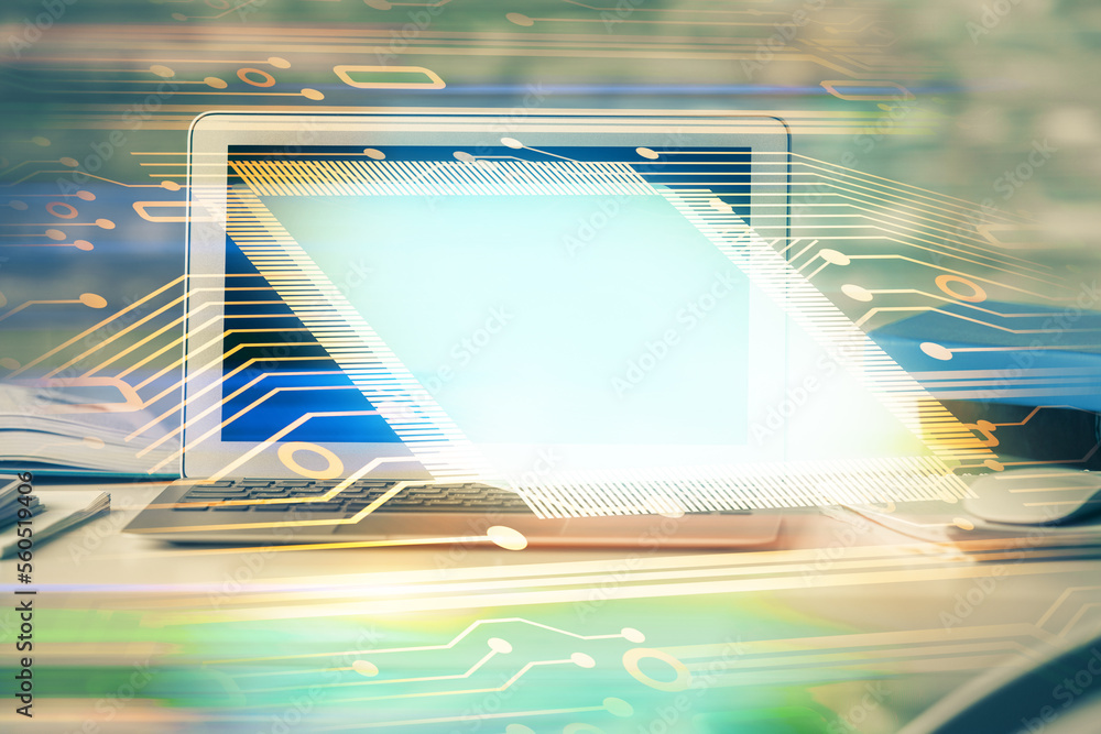 Poster Double exposure of computer and technology theme drawing. Concept of innovation.